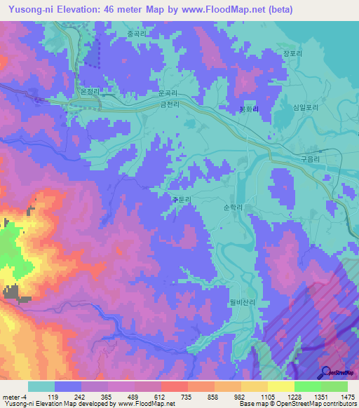 Yusong-ni,North Korea Elevation Map
