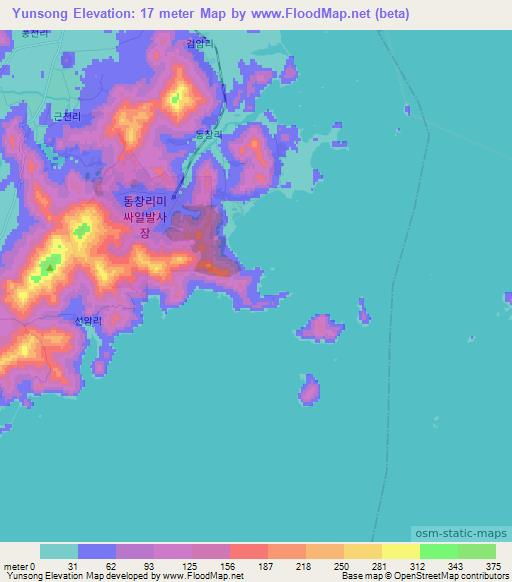 Yunsong,North Korea Elevation Map