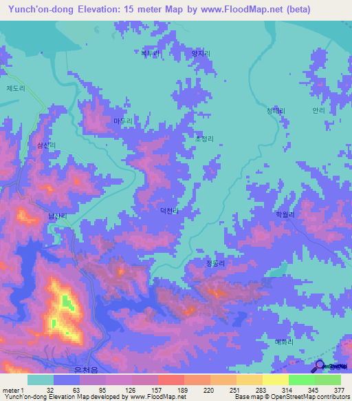 Yunch'on-dong,North Korea Elevation Map