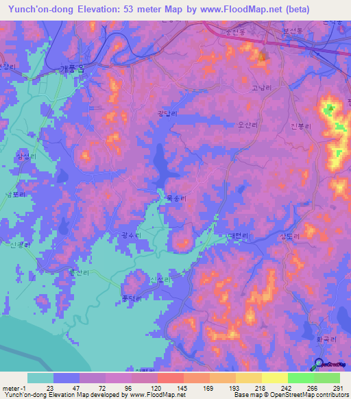 Yunch'on-dong,North Korea Elevation Map