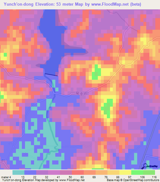 Yunch'on-dong,North Korea Elevation Map