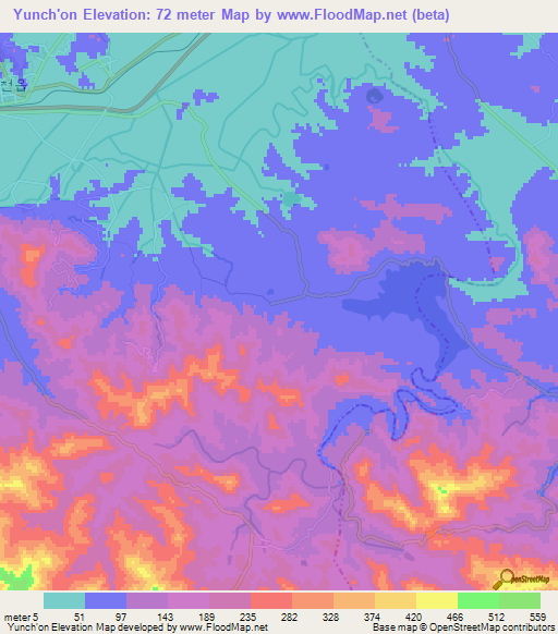 Yunch'on,North Korea Elevation Map