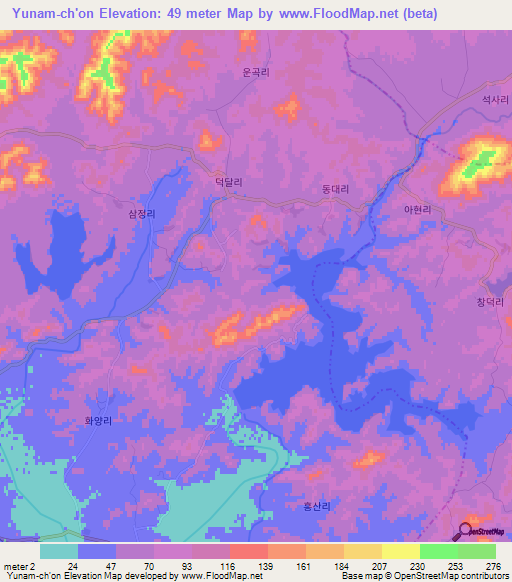 Yunam-ch'on,North Korea Elevation Map