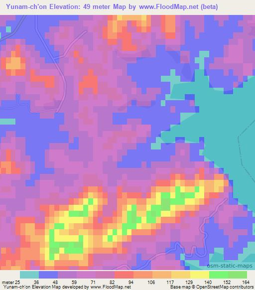 Yunam-ch'on,North Korea Elevation Map