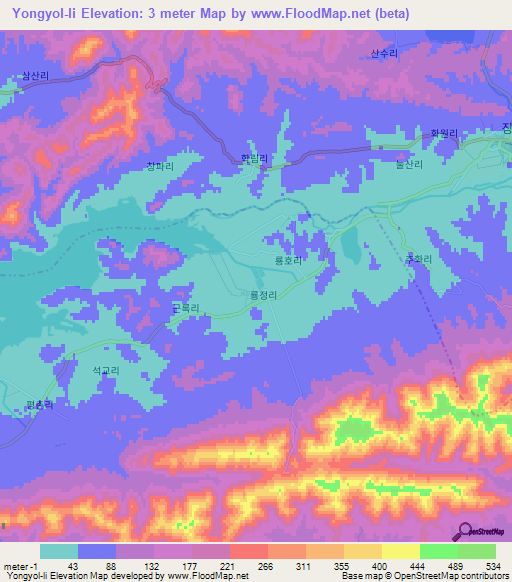 Yongyol-li,North Korea Elevation Map
