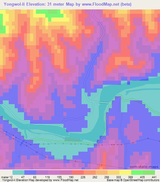 Yongwol-li,North Korea Elevation Map