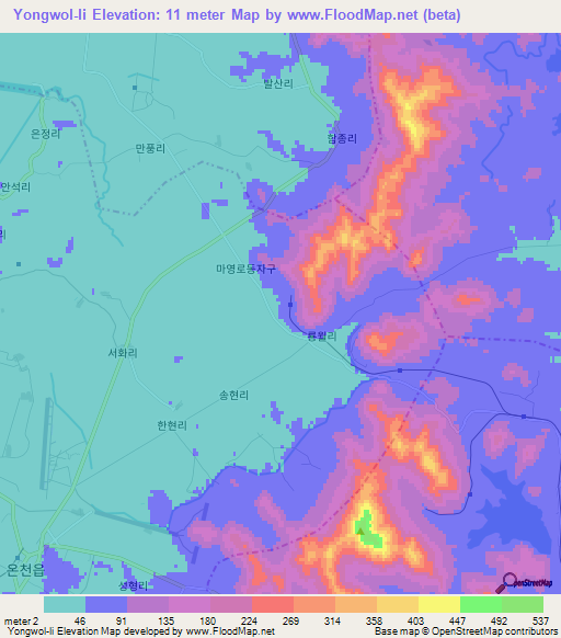 Yongwol-li,North Korea Elevation Map