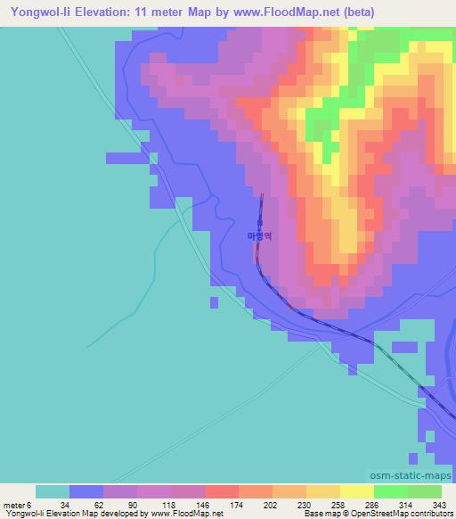 Yongwol-li,North Korea Elevation Map