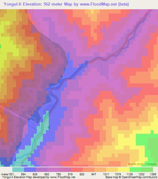 Yongul-li,North Korea Elevation Map