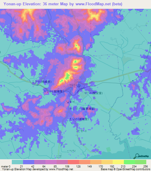 Yonan-up,North Korea Elevation Map