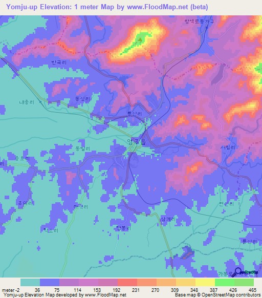 Yomju-up,North Korea Elevation Map