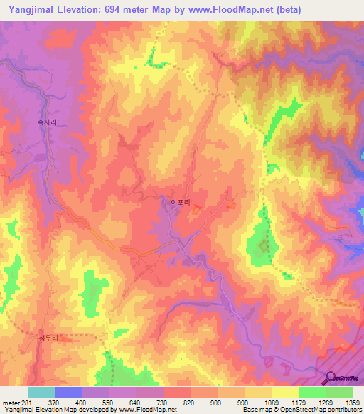 Yangjimal,North Korea Elevation Map