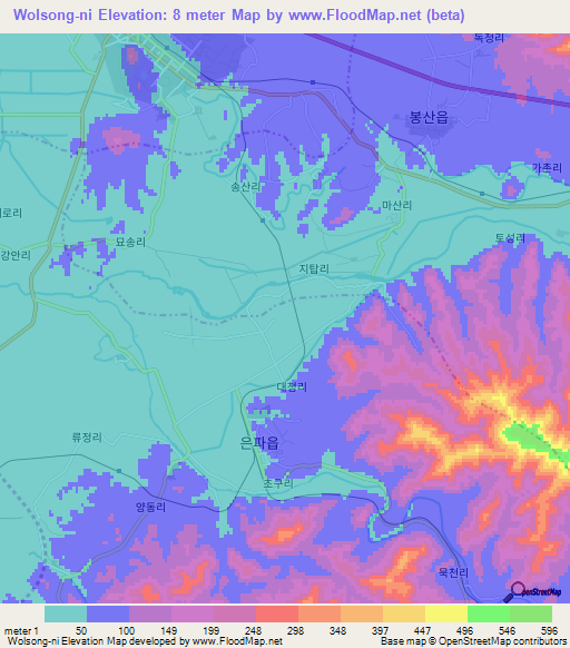 Wolsong-ni,North Korea Elevation Map