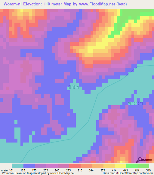 Woram-ni,North Korea Elevation Map