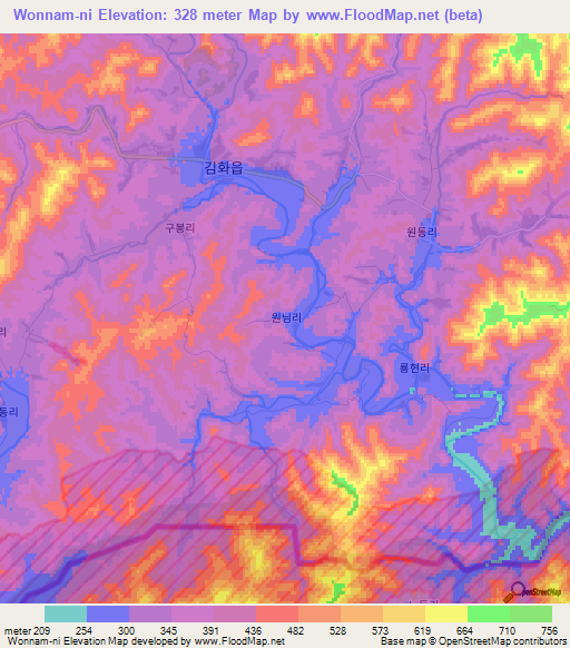 Wonnam-ni,North Korea Elevation Map
