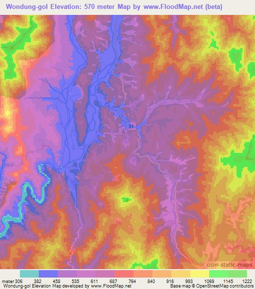 Wondung-gol,North Korea Elevation Map