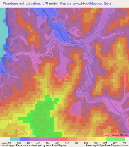 Wondung-gol,North Korea Elevation Map
