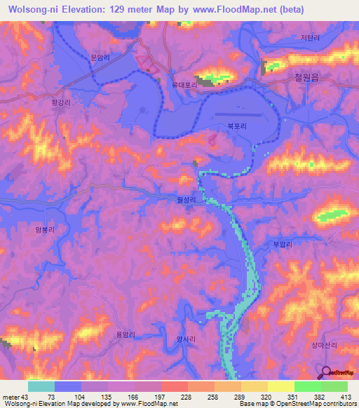 Wolsong-ni,North Korea Elevation Map