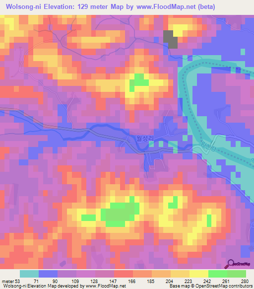 Wolsong-ni,North Korea Elevation Map