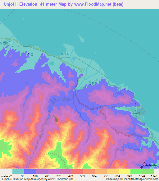 Unjol-li,North Korea Elevation Map