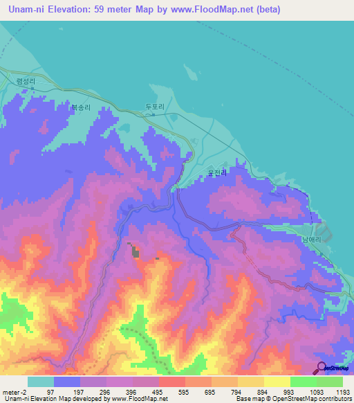 Unam-ni,North Korea Elevation Map