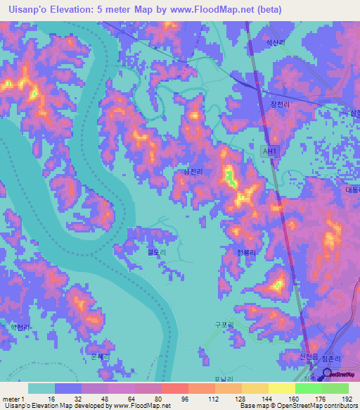 Uisanp'o,North Korea Elevation Map
