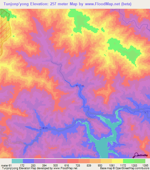 Tunjonp'yong,North Korea Elevation Map