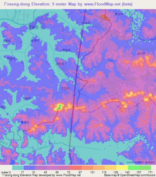 T'osong-dong,North Korea Elevation Map
