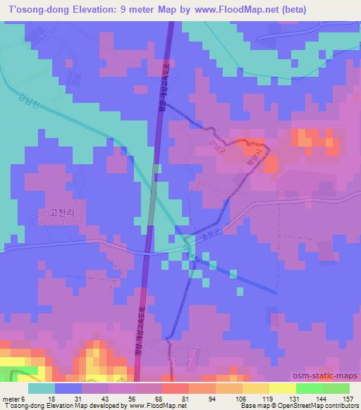 T'osong-dong,North Korea Elevation Map