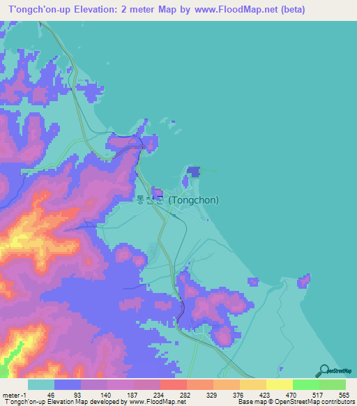 T'ongch'on-up,North Korea Elevation Map