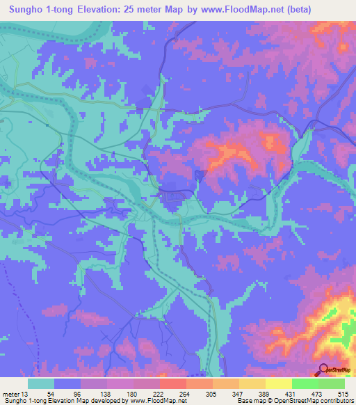 Sungho 1-tong,North Korea Elevation Map