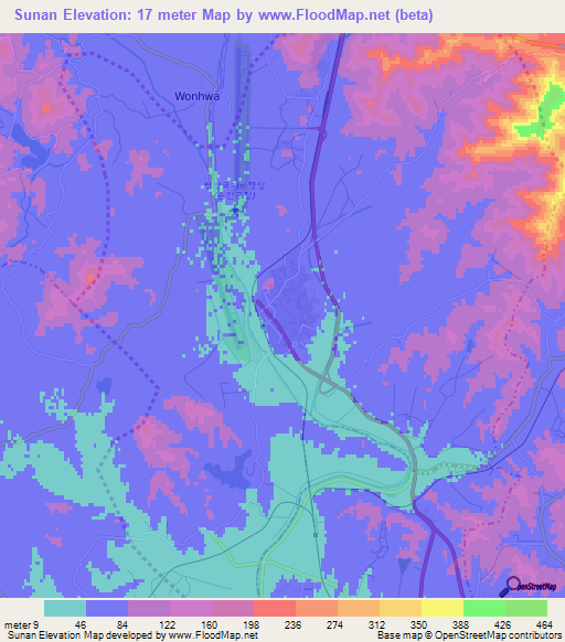 Sunan,North Korea Elevation Map