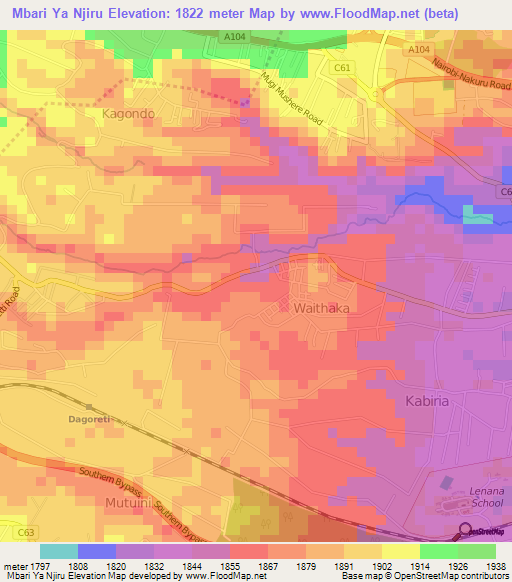 Mbari Ya Njiru,Kenya Elevation Map