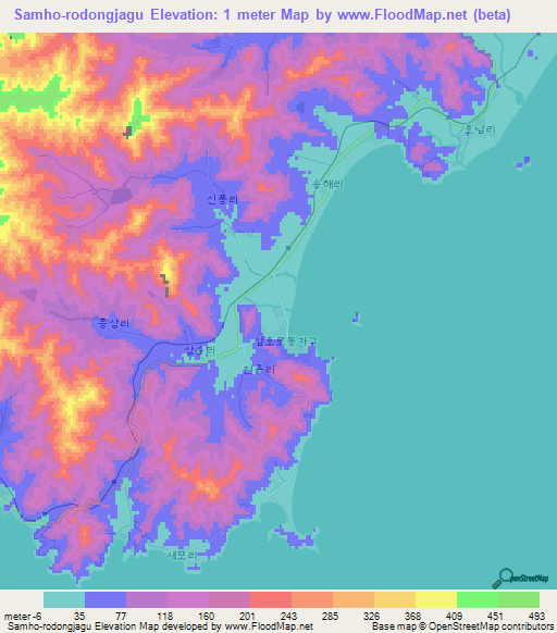 Samho-rodongjagu,North Korea Elevation Map