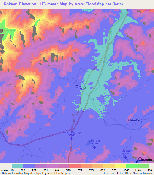 Koksan,North Korea Elevation Map