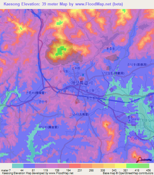 Kaesong,North Korea Elevation Map