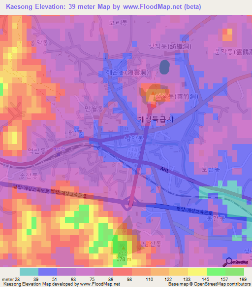 Kaesong,North Korea Elevation Map