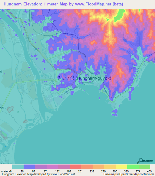 Hungnam,North Korea Elevation Map