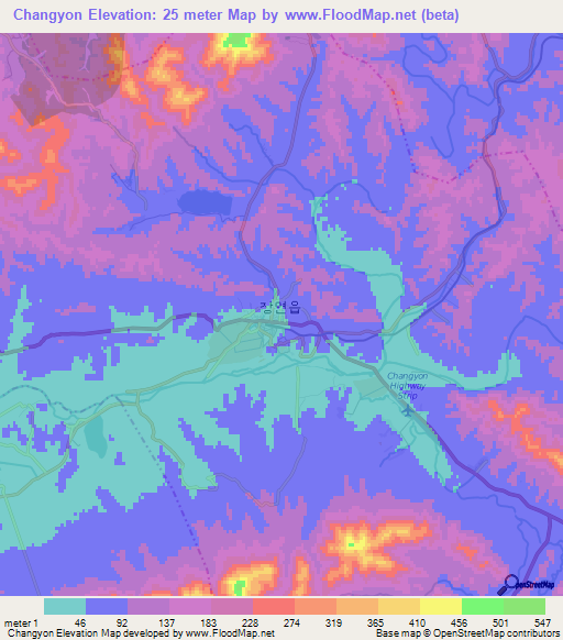 Changyon,North Korea Elevation Map