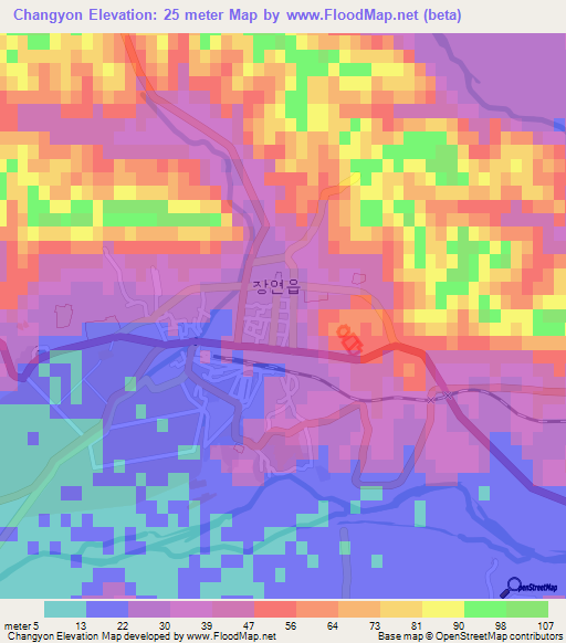 Changyon,North Korea Elevation Map