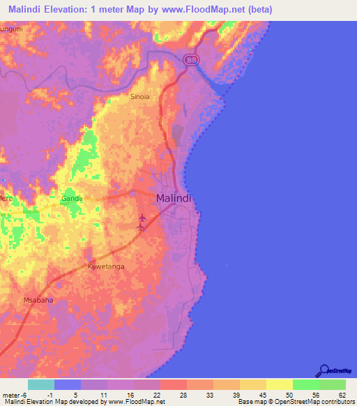 Malindi,Kenya Elevation Map