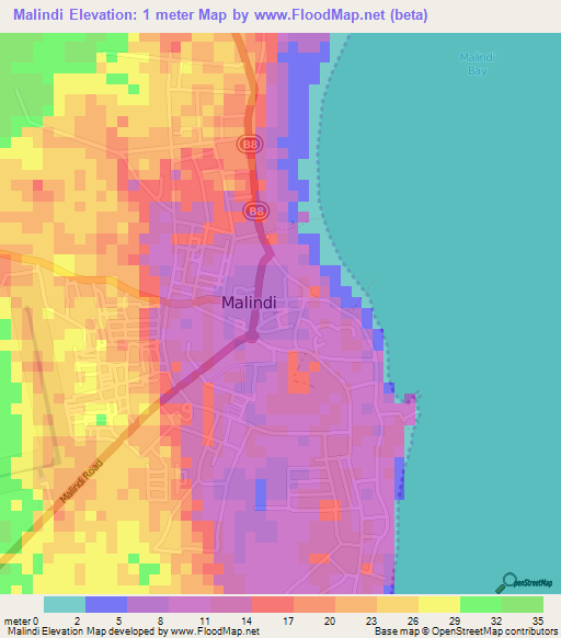 Malindi,Kenya Elevation Map
