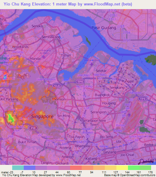 Yio Chu Kang,Singapore Elevation Map