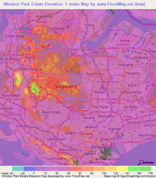 Windsor Park Estate,Singapore Elevation Map