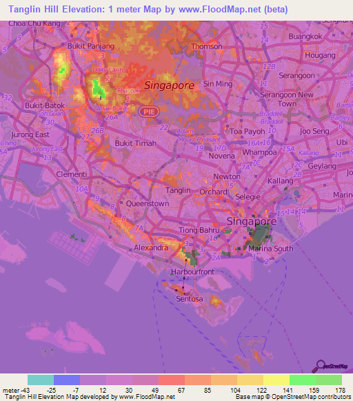 Tanglin Hill,Singapore Elevation Map