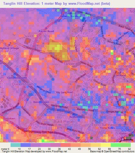 Tanglin Hill,Singapore Elevation Map