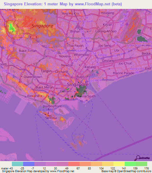 Singapore,Singapore Elevation Map