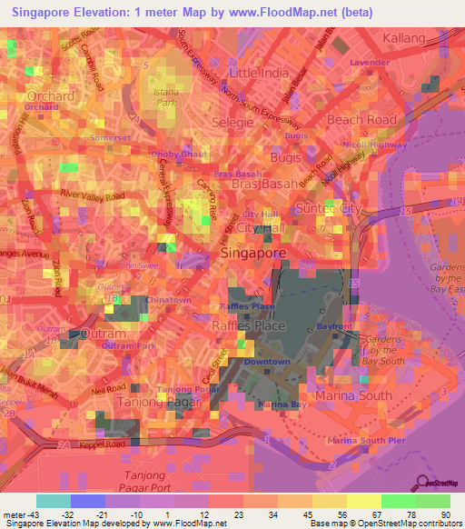 Singapore,Singapore Elevation Map