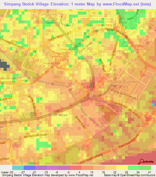 Simpang Bedok Village,Singapore Elevation Map