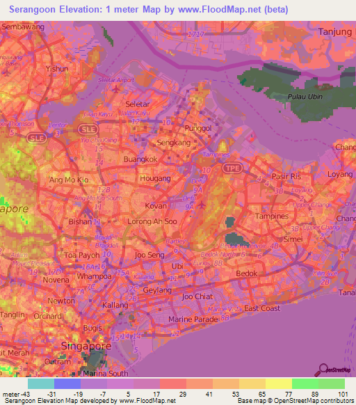 Serangoon,Singapore Elevation Map